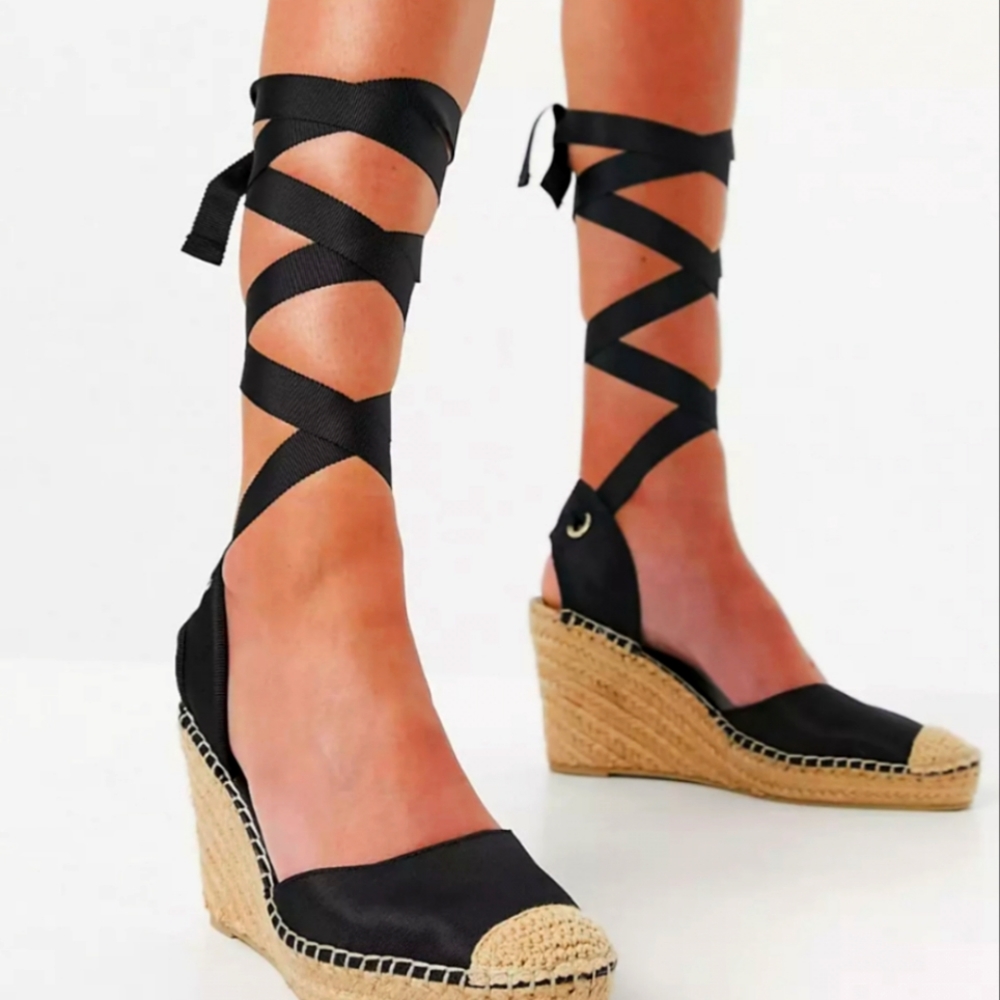 NWT ASOS Size 11 Wide Black Tie Up Espadrille Wedges - Picture 3 of 3